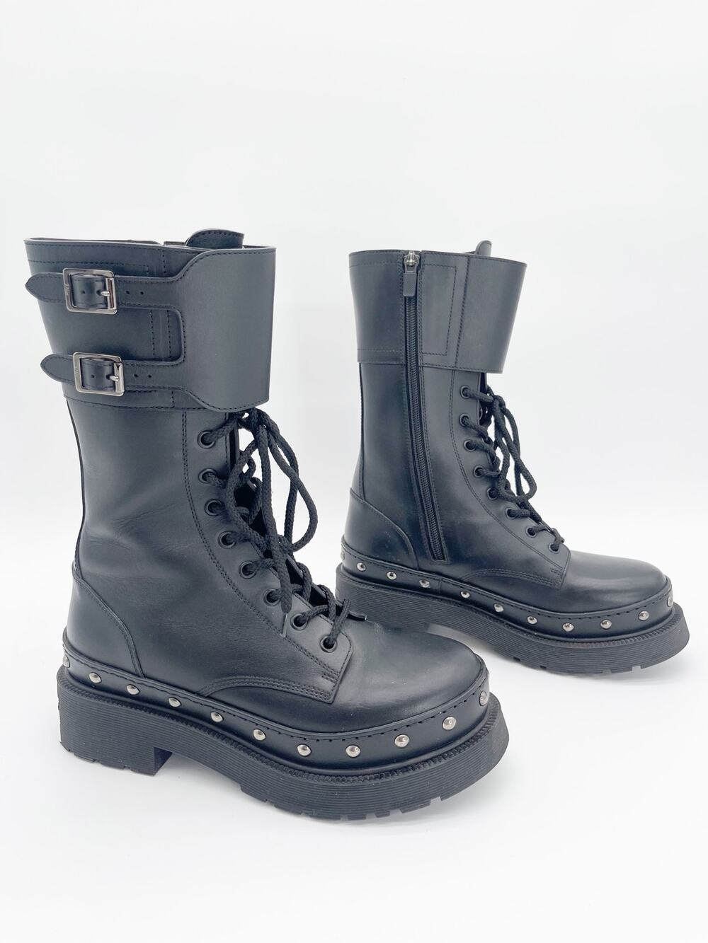 Christian Dior Diorquake Black Calfskin Studded Buckle Moto Combat Boots EU 38.5
